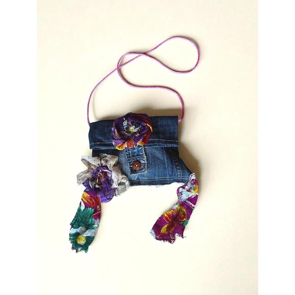 Vintage Y2K Handmade Denim Purse | Upcycled Floral Scrap DIY Patch Bag | Small - Picture 1 of 6